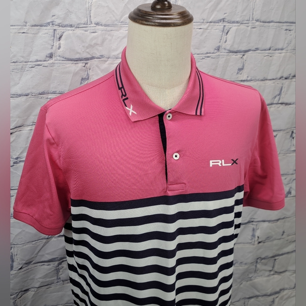 RLX Ralph Lauren Men's Golf Polo Shirt Logo Pink Navy Striped Large - Picture 1 of 14